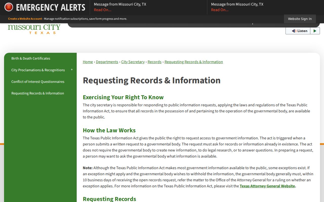 Sienna residents directory Missouri City records request