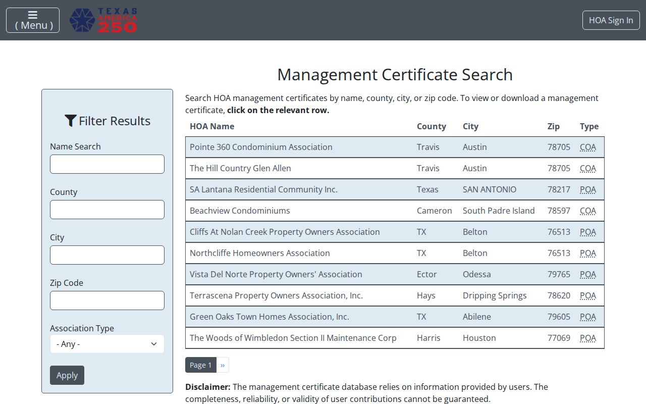 Sienna neighbors Texas HOA management certificate search