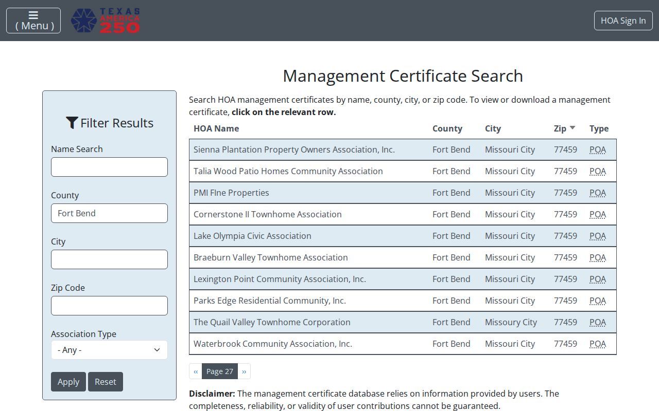 Sienna ZIP code directory Texas HOA management certificate ZIP search